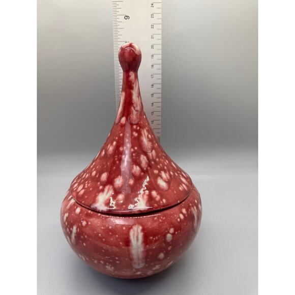 Vintage MCM 1960’s Red White Ceramic Splatter Covered Candy Dish Apothecary 8” - Picture 6 of 10